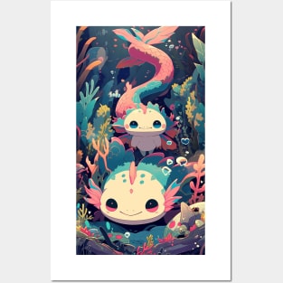 Cute Axolotl Anime Art Design | Cute Animals | Axolotl Hentaii Chibi Kawaii Design Posters and Art